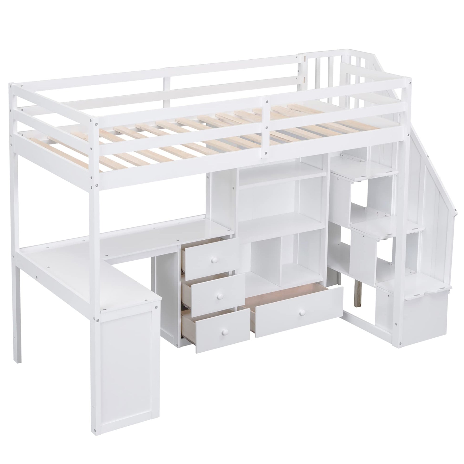 VilroCaz Twin Size Loft Bed with L-Shaped Desk, Storage Staircase, and Cabinet in White - WoodArtSupply