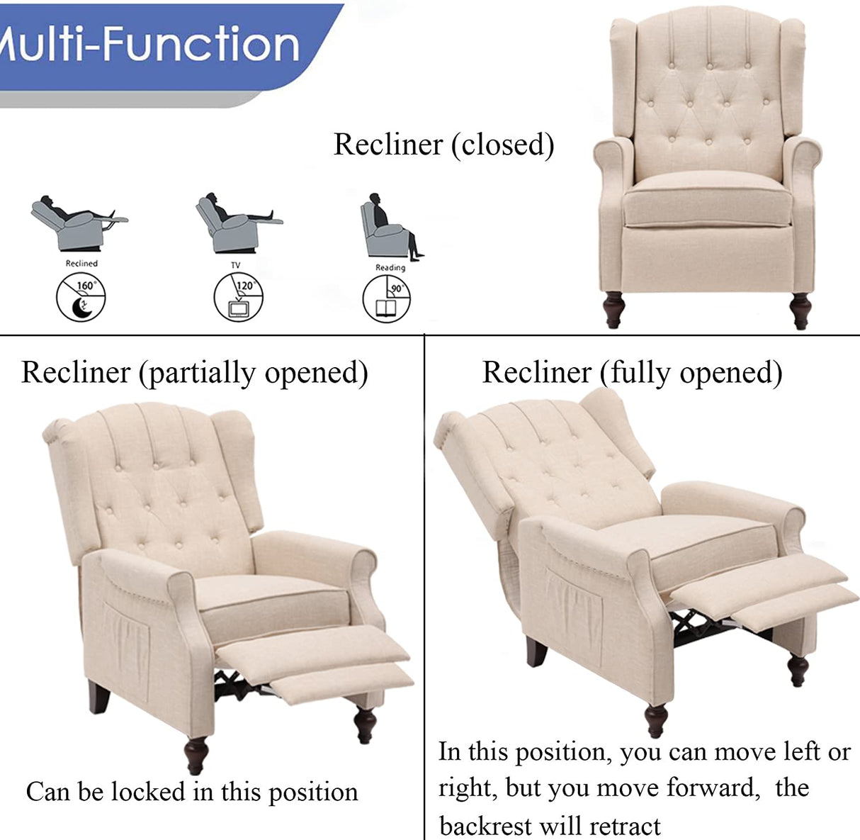SAMERY Wingback Recliner Chair with Massage and Heat, Accent Chair Push Back Recliner Tufted Arm Chair for Living Room Bedroom, Reading Lounge Sofa Seat with Remote Control, Adjustable Backrest SAMERY