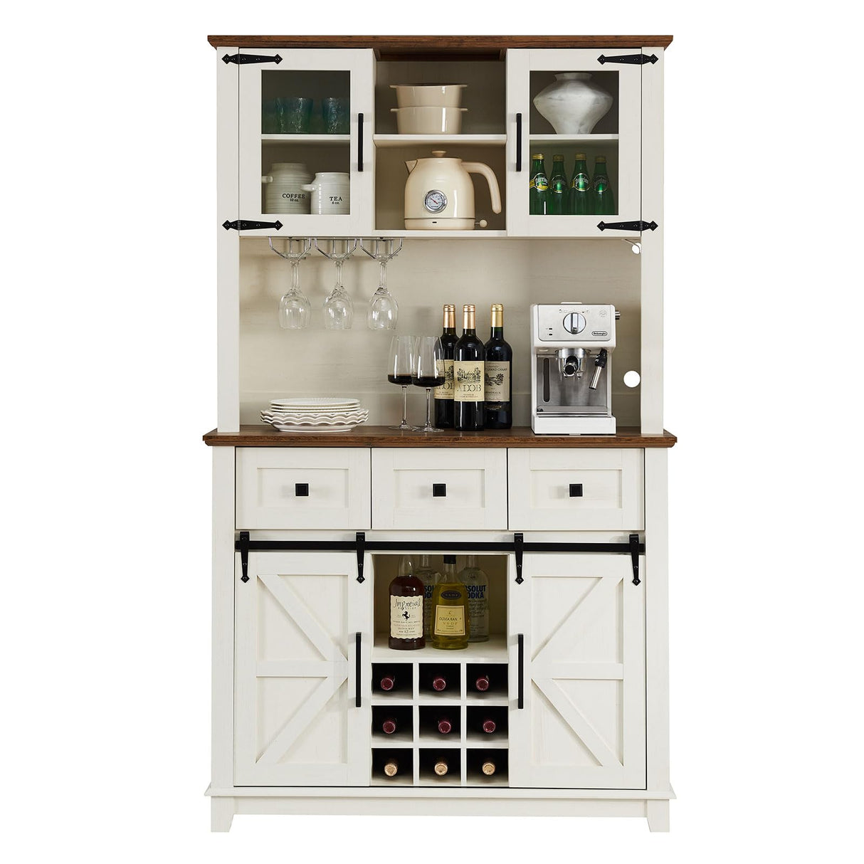 AMERLIFE Coffee Bar Cabinet with Sliding Barn Door, 72" Farmhouse Kitchen Sideboard, Buffet Storage Table, 3 Drawers, LED Lights, Tall Hutch Home Bar for Dining Room, White AMERLIFE