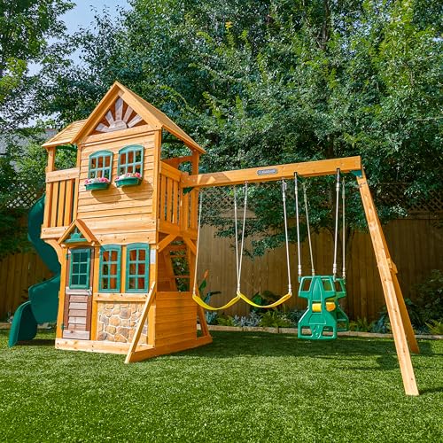 KidKraft Buffalo Crossing Wooden Swing Set with Playhouse, Rock Wall, Tube Slide and Glider KidKraft