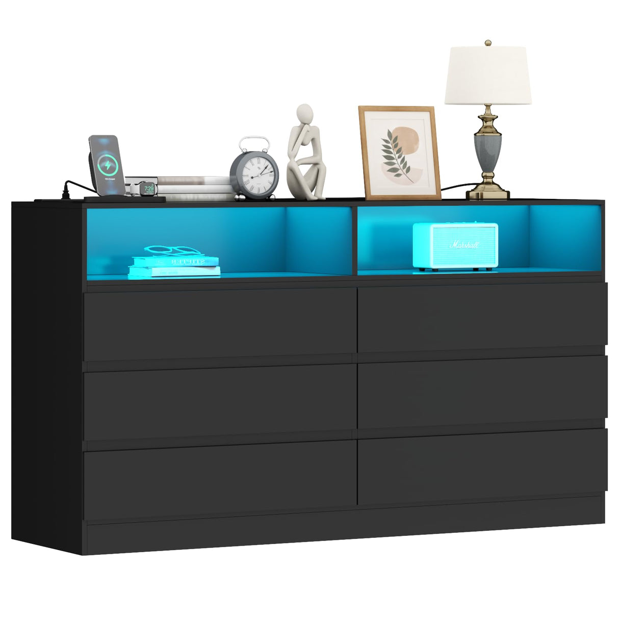 Loomie 6 Drawer Dresser for Bedroom, Wide Chest of Drawers with Charging Station and LED Lights, Traditional Bedroom Furniture, Modern Storage Dresser TV Stand for Living Room (Black) Loomie