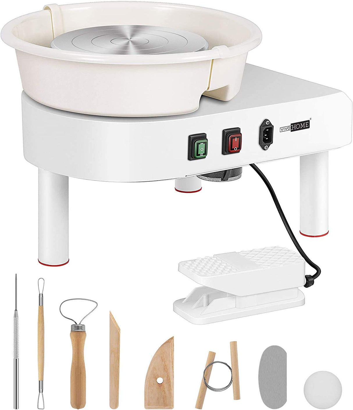 VIVOHOME 25CM Pottery Wheel Forming Machine 350W Electric DIY Clay Tool with Foot Pedal and Detachable Basin for Ceramic Work Art Craft White VIVOHOME