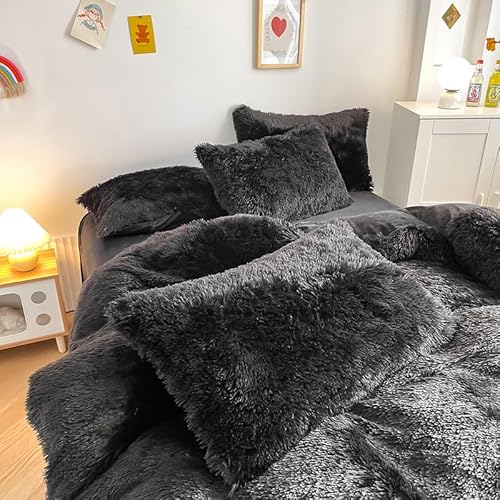 chovy Kids Girls Faux Fur Black Comforter Sets Twin/Full - 3PC Bed Set Skin Friendly Soft Warm Comfortable Classical Rabbit Plush Velvet Flannel Fluffy Fuzzy Bedding（Comforter x 1 Pillowcases x 2） chovy