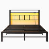 Maliacife Full Size Bed Frame with USB Charging Station, LED Bed with Wood Storage Headboard, Black Metal Platform Bed,Heavy Duty Steel Slats Support,No Box Spring Needed, Noise Free,Easy Assembly Maliacife