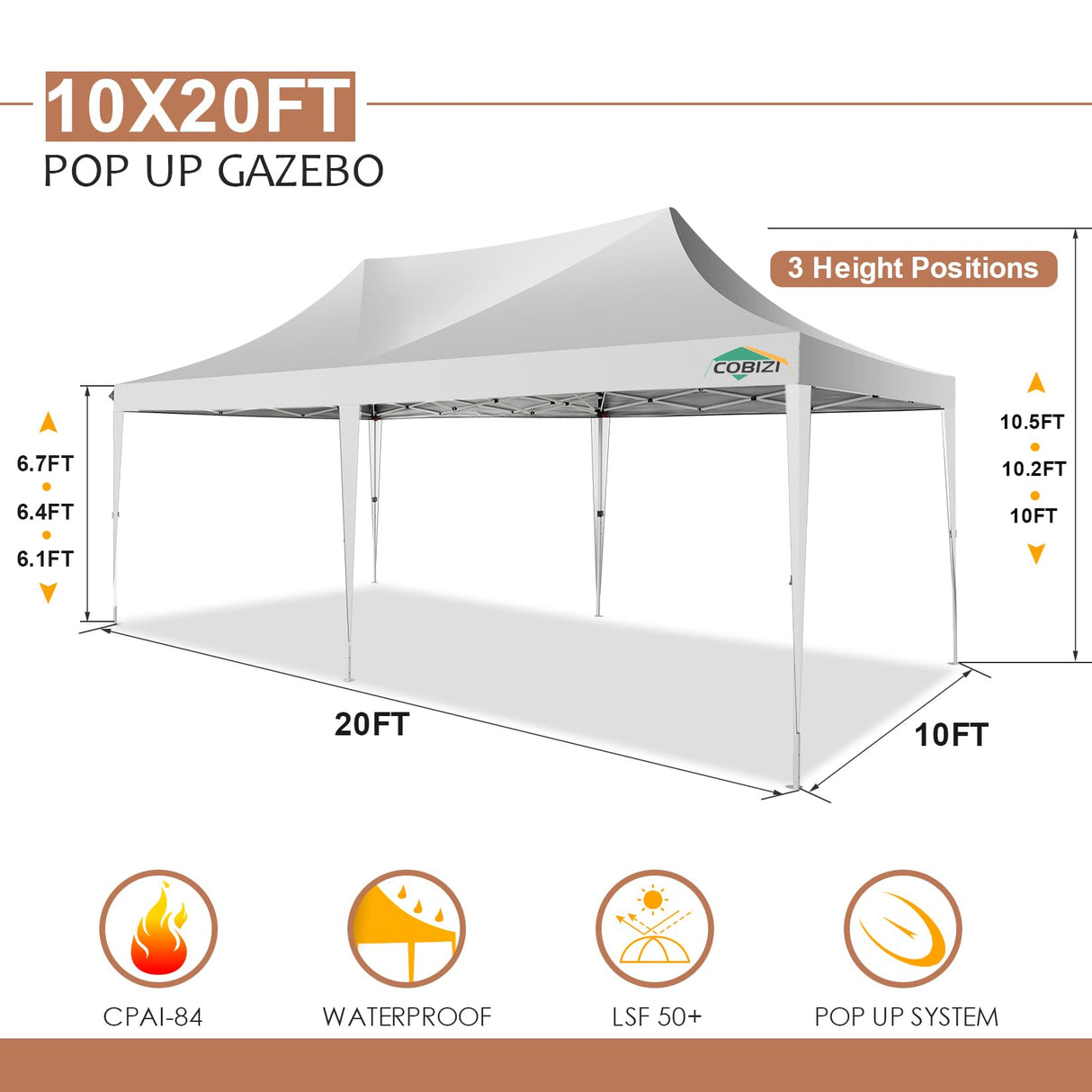 COBIZI Canopy 10x20 Pop Up Canopy Tent with 6 Sidewalls 3.0, Wedding Party Tent Outdoor Gazebos UV50+ Waterproof Canopy Tent for Parties, 3 Adjustable Heights, White(Frame Upgraded) COBIZI