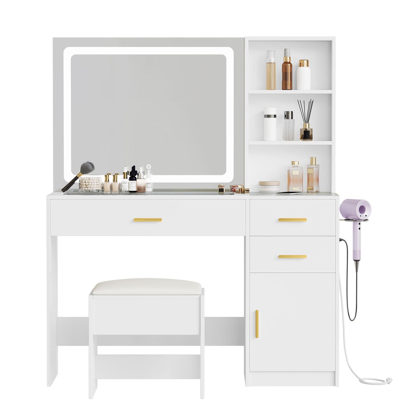 YITAHOME Vanity Desk Set, with Wireless Charging Station &Power Outlet, Vanity Mirror with Tempered Glass Top & Large Storage Spaces Vanity Table Set, White