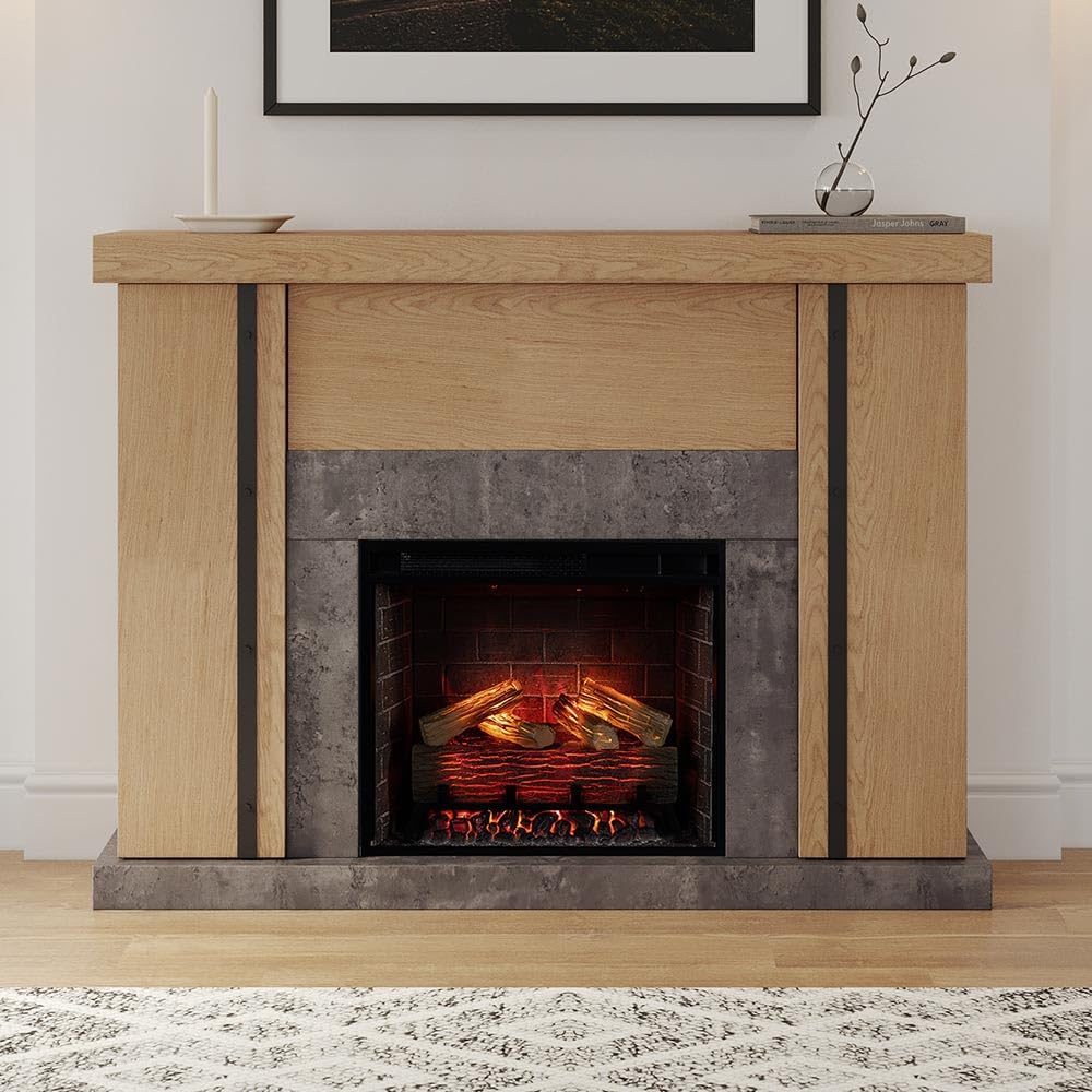 Country Living Graham 55 Inch Mantel Package | 23 Inch Smart Electric Fireplace Insert Heater w/Remote | Oak Wood Finish | Hidden Storage Space | Alexa & Google Compatible | Multi-Color Flames