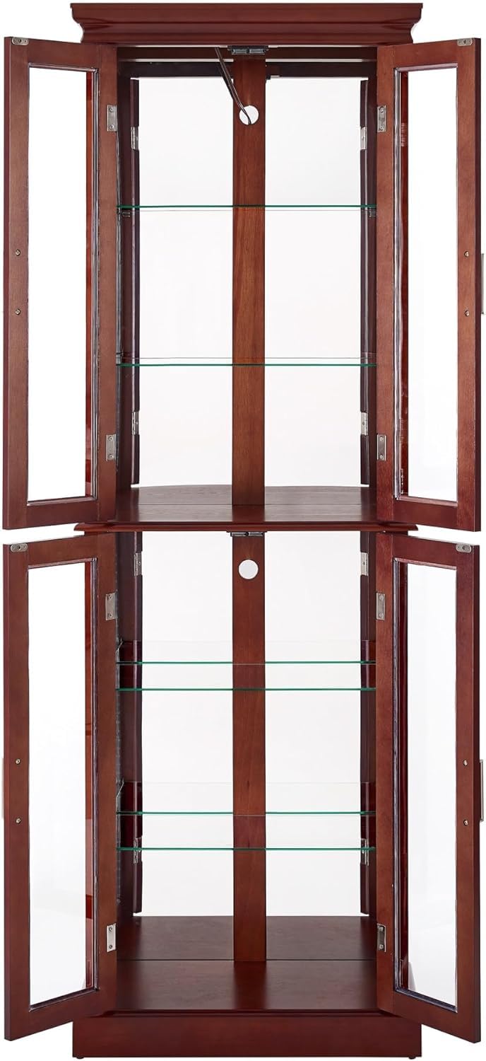Curio Cabinet with Adjustable Shelves, Mirrored Back, Tempered Glass Doors, 6 Tier, Cherry WoodArtSupply