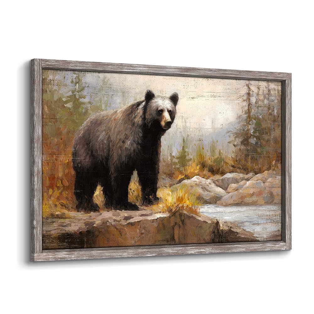 Framed Bear Picture Wall Art: Large Wild Animal Prints Woodland Wildlife Artwork Rustic Farmhouse Wood Painting for Living Room Bedroom old barn