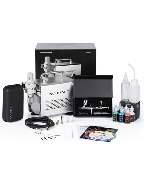InoKraft Airbrush Kit with Air Compressor- 1/6 HP Quiet Air Compressor, Gravity Airbrush with 3 Tips 0.2, 0.3 & 0.5 mm- Hose, Holder, How-To Guide- Airbrush Paint Set for Model Painting gift 4 Colors InoKraft