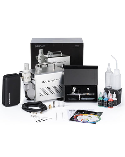 InoKraft Airbrush Kit with Air Compressor- 1/6 HP Quiet Air Compressor, Gravity Airbrush with 3 Tips 0.2, 0.3 & 0.5 mm- Hose, Holder, How-To Guide- Airbrush Paint Set for Model Painting gift 4 Colors