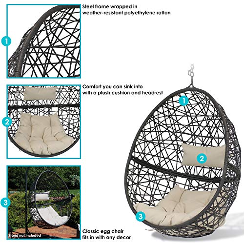 Sunnydaze Caroline Hanging Resin Wicker Egg Chair - 265-Pound Weight Capacity - Removable Beige Polyester Cushions