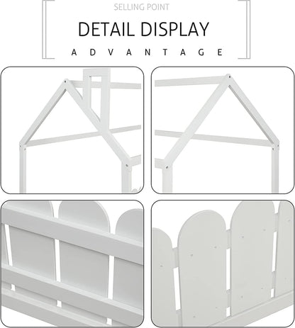 Twin Floor Bed with Fence Rails by Harper & Bright Designs - White Montessori House Bed for Kids - WoodArtSupply