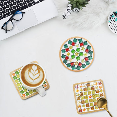 Airsnigi 10 Set DIY Mosaic Tiles for Crafts Mixed Color Mosaic Kits with Wooden Coasters Handmade Glass Coasters Crafts Set for Adult Creative Handmade Home Decoration Gift Airsnigi