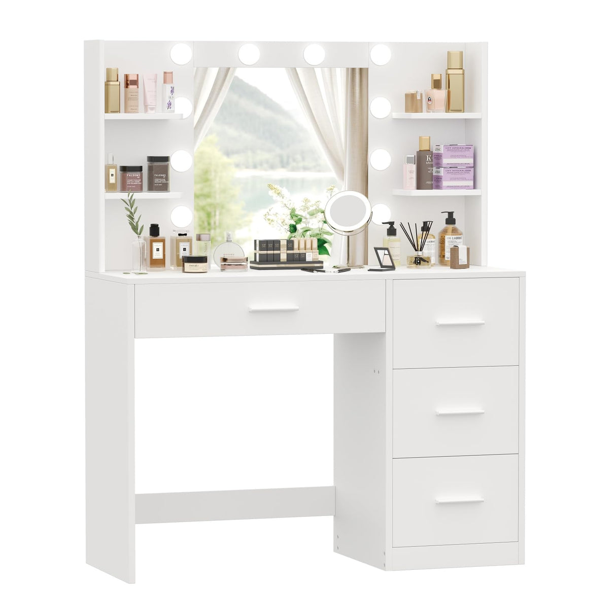 Irontar Vanity Desk, Makeup Vanity with 10 LED Lights & 4 Drawers, Brightness Adjustable, Dressing Table Desk with 6 Open Storage, Vanity Table for Women, White WDT003W Irontar