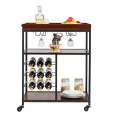 Giantex 3-Tier Kitchen Island Cart Rolling Trolley Industrial Style Serving Cart Utility Cart Wood Kitchen Stand with Glasses Holder and 9 Wine Bottles Rack Metal Frame and Castors (Rustic Brown) Giantex