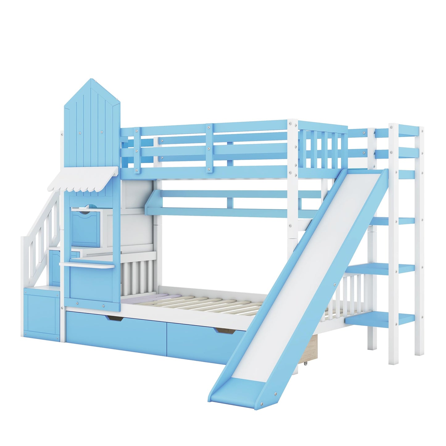 Harper & Bright Designs Twin Over Twin Bunk Bed with Stairs and Slide, Solid Wood Bunk Bed Frame with Storage Drawers and Bookshelf, for Kids Teens Girls Boys (Blue)