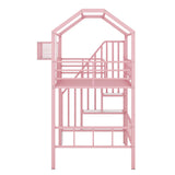 Harper & Bright Designs House Loft Bed with Stairs, Metal Twin Loft Bed Frame with Roof and a Storage Box, Modern Style Heavy-Duty Steel Frame Loft Bed with Safety Rail, for Kids Teens (Twin, Pink) Harper & Bright Designs