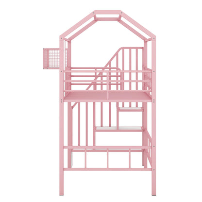 Harper & Bright Designs House Loft Bed with Stairs, Metal Twin Loft Bed Frame with Roof and a Storage Box, Modern Style Heavy-Duty Steel Frame Loft Bed with Safety Rail, for Kids Teens (Twin, Pink)