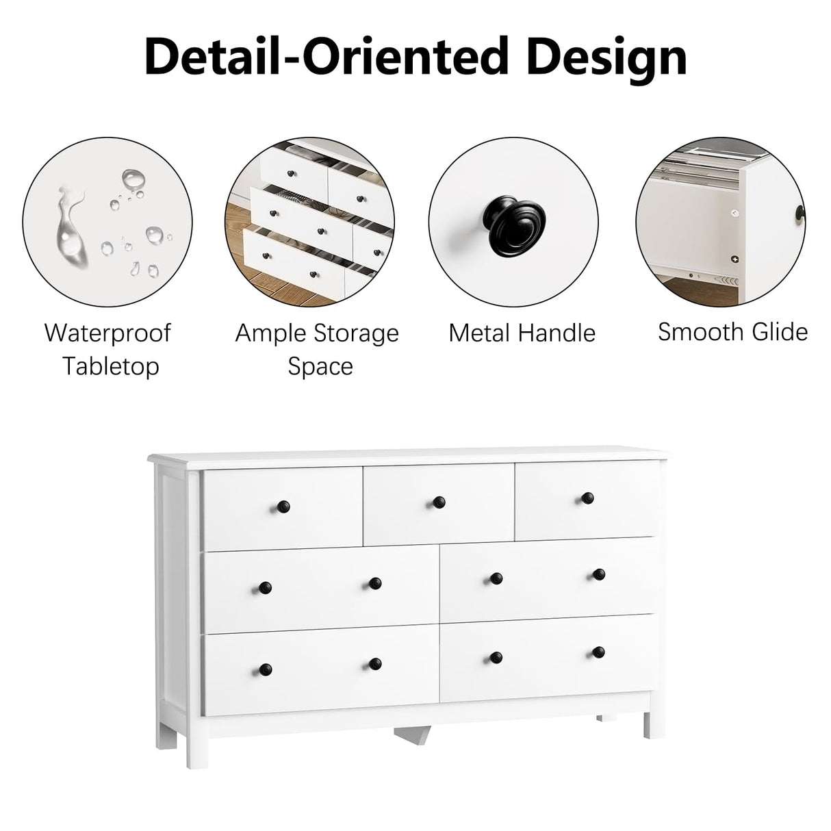 HOUROM White Dresser for Bedroom, 7 Drawer Chest of Drawer with Metal Handle and Wide Drawer, Modern Wood Double Storage Organizer Dresser for Living Room, Hallway, Entryway HOUROM