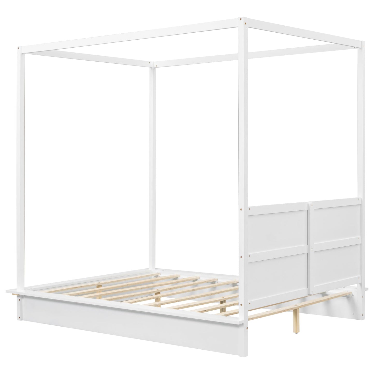 Merax Full Size Canopy Bed White Wooden Platform Bed with LED and Support Slats, No Box Spring Needed