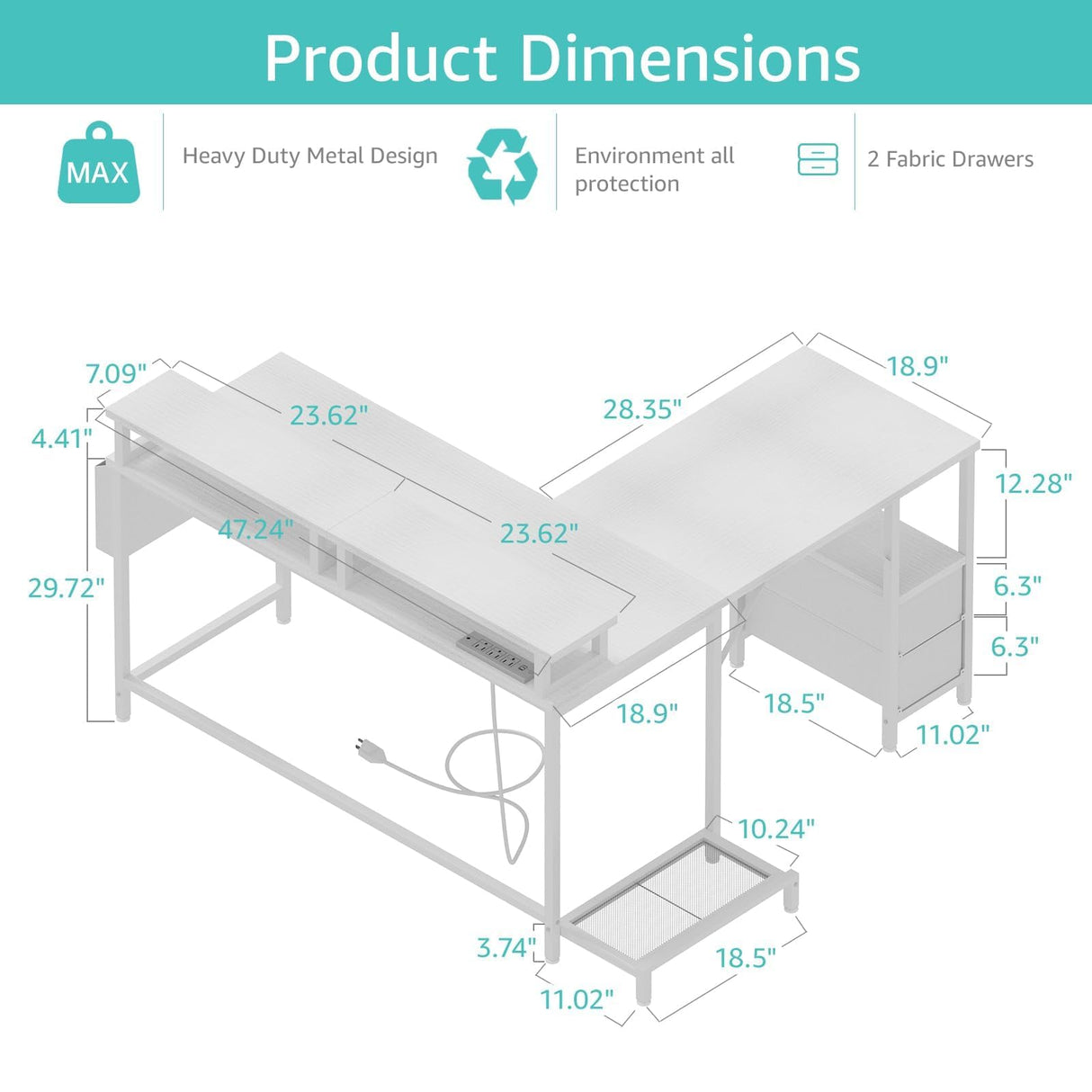 Lufeiya White L Shaped Computer Desk with Fabric Drawers, 47 Inch Corner Home Office Desk with Monitor Stand Shelves, Writing Study Gaming Desks with Led Lights and Power Outlets for Bedroom, White Lufeiya