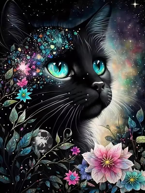 CSZPPQAF 5D Diamond Art Kits for Adults, Black Cat Flower Diamond Painting Kits for Adults Beginner, 5D DIY Full Drill Diamond Dots Paint by Diamonds Gem Painting for Home Decor 12x16 Inch CSZPPQAF