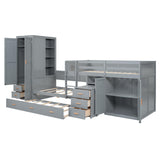 YOPTO Twin Size Bunk Bed with Trundle,Wardrobe,Desk,2 Cabinets and 5 Drawers,Multifunctional Wood Bed Frame W/Integrated Ladder,Safety Guardrails & Slats Support,Easy Assembly,for Kids,Teens,Gray YOPTO