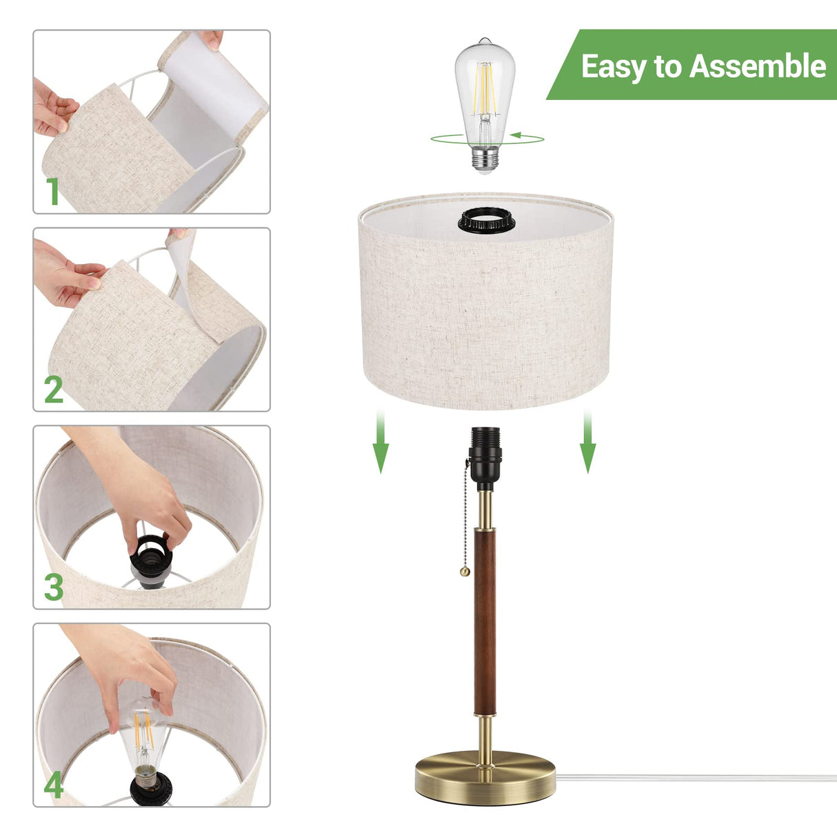 EDISHINE Mid Century Table Lamp, Bedside Lamp with Pull Chain Switch, Solid Wood & Metal Pole, Modern Nightstand Table Lamp for Living Room, Bedroom, Office, Frosted Bronze & Wood Finish EDISHINE