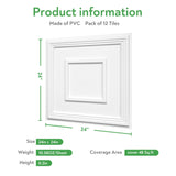 STICKGOO PVC Ceiling Tiles, 2'x2' Glue Up Ceiling Panel White to Prevent Breakage Cover 48 Sq. Ft, Pack of 12 Tiles STICKGOO