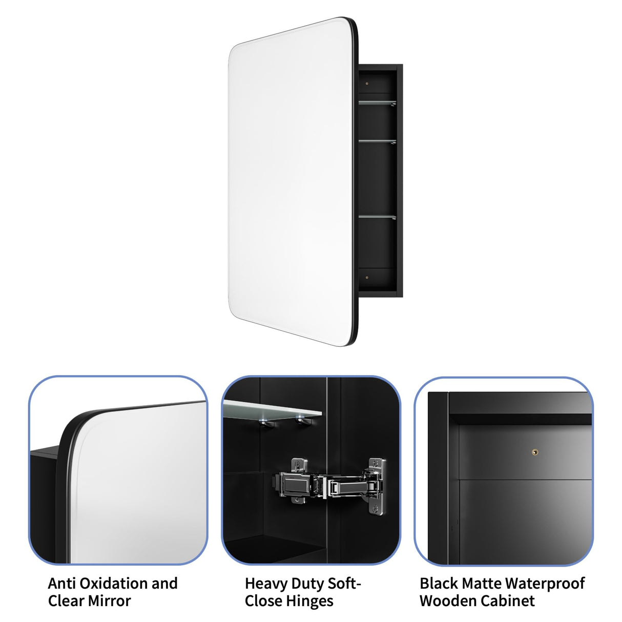 AGDULL Vintage-Style Bathroom Wood Black Cabinet with 17.5''x29'' Curved Mirror, Recessed Medicine Cabinet, Bathroom Storage Cabinet AGDULL