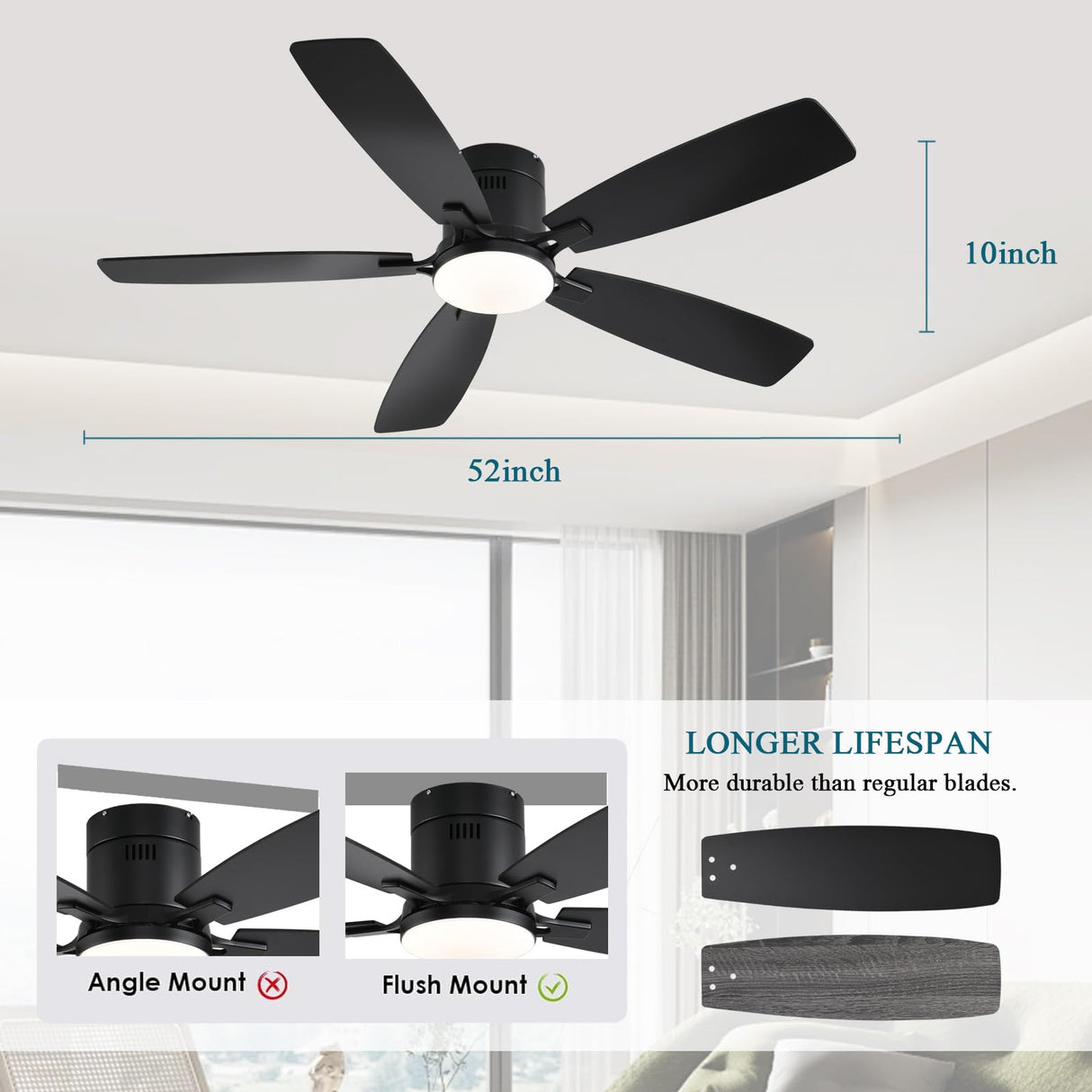 Ayaoty Ceiling Fans with Lights, 52 inch Low Profile Ceiling Fan with Light and Remote Control, Flush Mount, Reversible Motor, Dimmable, Noiseless, Black Ceiling Fan for Bedroom, Indoor/Outdoor Use Ayaoty