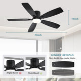 Ayaoty Ceiling Fans with Lights, 52 inch Low Profile Ceiling Fan with Light and Remote Control, Flush Mount, Reversible Motor, Dimmable, Noiseless, Black Ceiling Fan for Bedroom, Indoor/Outdoor Use Ayaoty