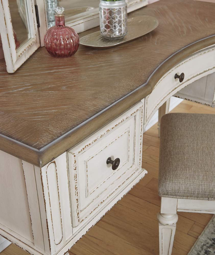 Signature Design by Ashley Realyn Traditional Cottage 3 Drawer Vanity Set with Dovetail Construction, Mirror & Stool Included, Chipped White, Distressed Brown Signature Design by Ashley