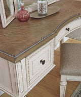 Signature Design by Ashley Realyn Traditional Cottage 3 Drawer Vanity Set with Dovetail Construction, Mirror & Stool Included, Chipped White, Distressed Brown Signature Design by Ashley