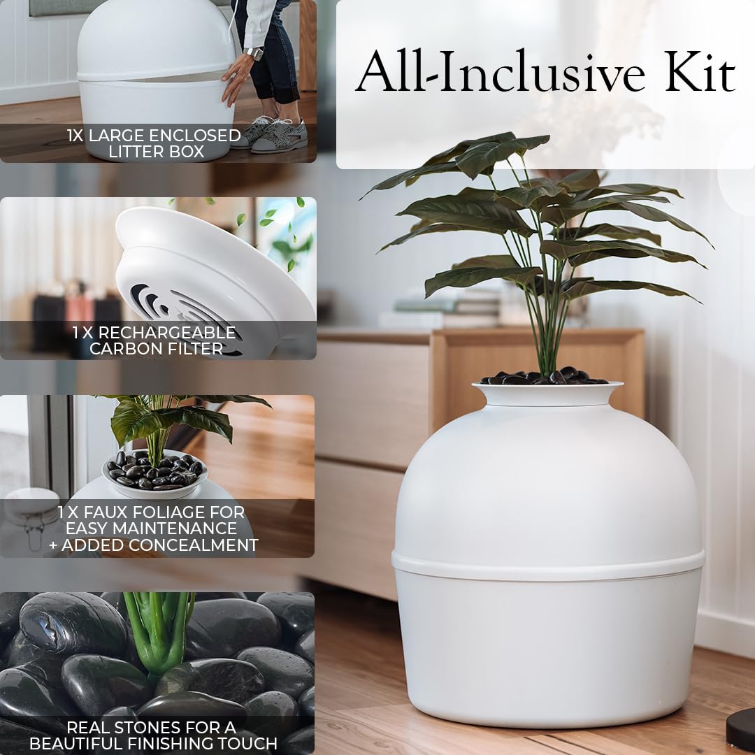 Secret Litter Box by Bundle & Bliss - Hidden Litter Box Enclosure, Patented Design with Odor Control, Includes Faux Plant, Carbon Filter and Real Stones Vivid White Bundle & Bliss