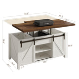 ONBRILL Farmhouse Lift Top Coffee Table with Sliding Barn Door,Rustic Center Table with Hidden Storage Compartment,Storage Coffee Table Converts to Dining Table for Living Room,Office,White and Brown ONBRILL