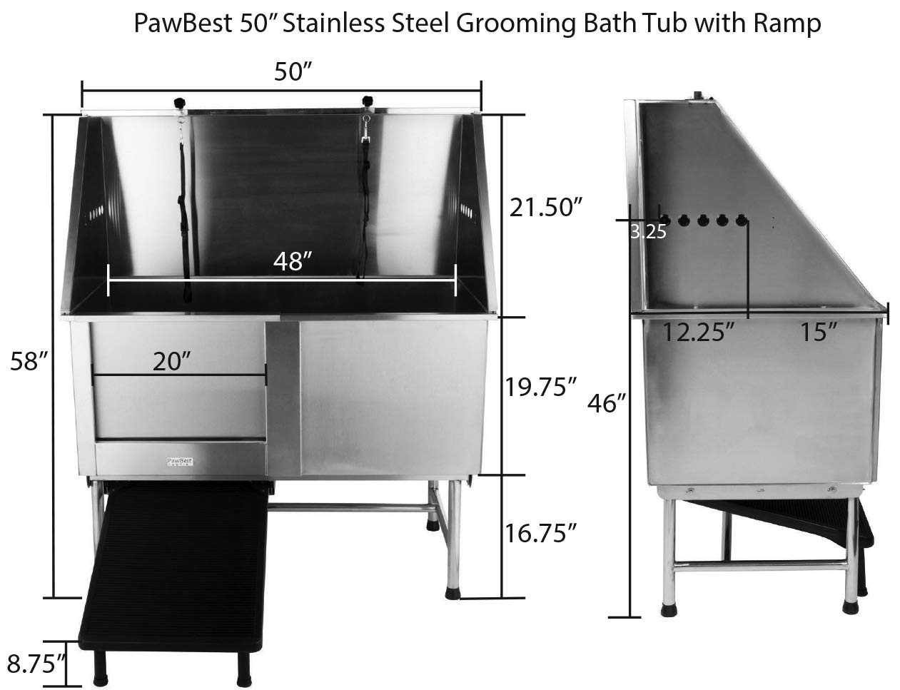 PawBest Stainless Steel Dog Grooming Bath Tub with Ramp, Faucet, Hoses and Loops (50" Bathtub) - WoodArtSupply