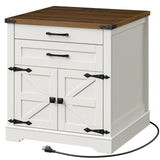 RALGEND Farmhouse End Table with Charging Station, 24'' Sofa Side Table with 2 Drawers and Barn Door, Large Rustic Wooden Square Nightstand for Bedroom, Living Room, White and Walnut RALGEND
