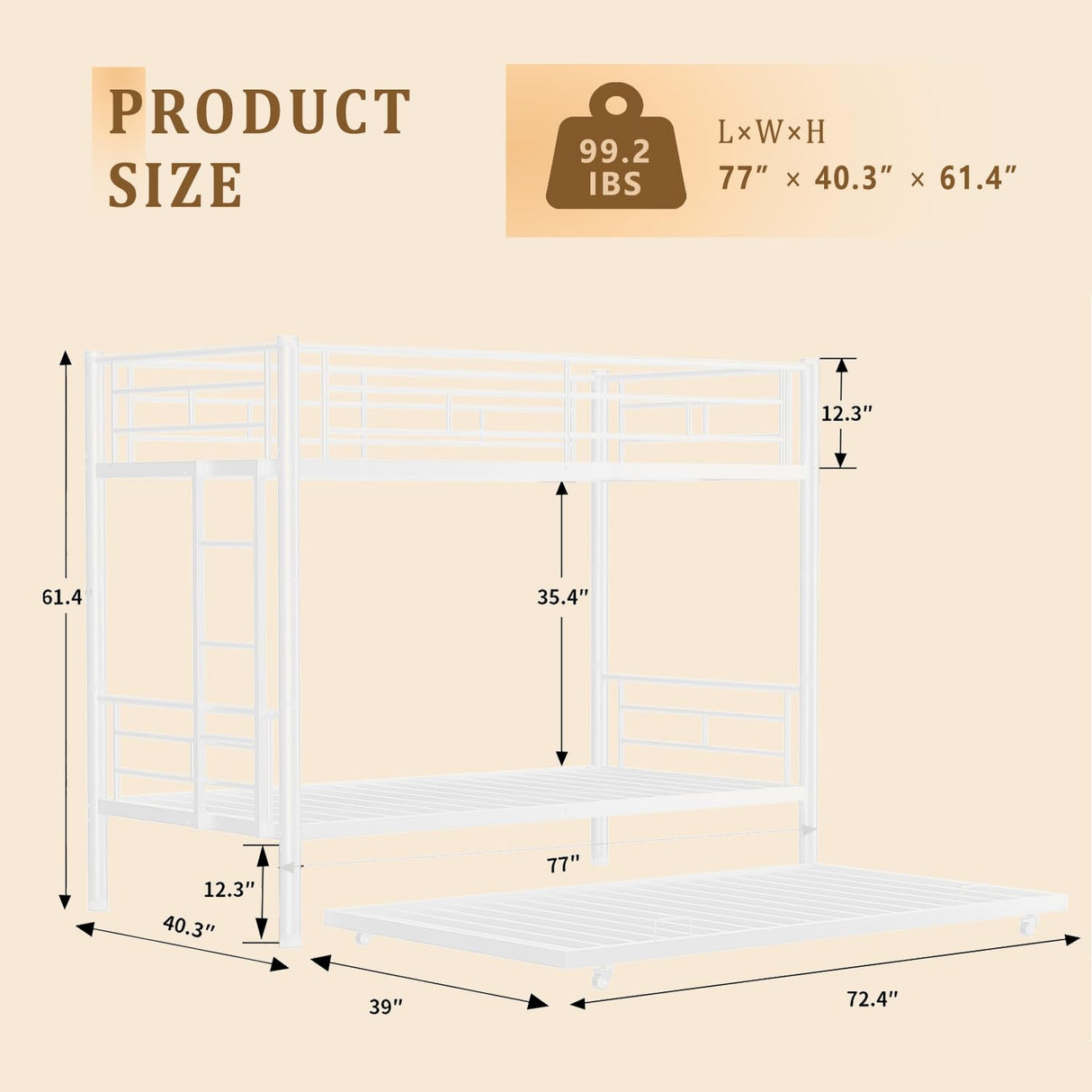 Twin Over Twin Bunk Bed with Trundle, Metal Bunk Beds with 2 Ladder and Guardrails, Convertible Triple Bunk Bed for Kids, Teens and Adults, No Box Spring Needed, Space Saving (White) AYJOIR