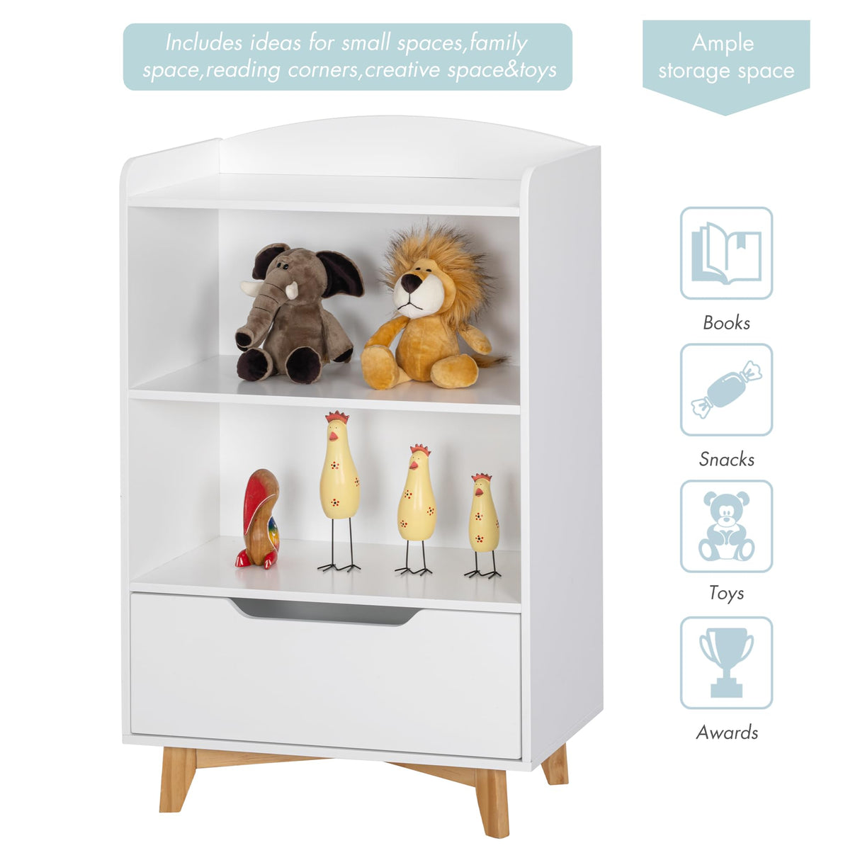 UTEX Kids Bookshelf, Children Bookcases with Storage and Drawer, Wood Kids Toy Storage Organizer for Playroom, Nursery School, White UTEX
