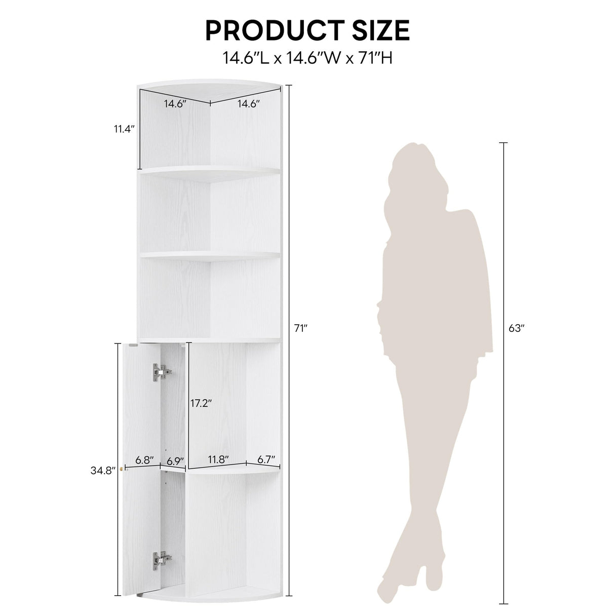 IRONCK 71" Tall Corner Cabinet with Doors, 5-Tier Open Bookcase and Bookshelf, Freestanding Display Storage Shelves Tall Bookcase for Bedroom, Living Room and Office, White IRONCK