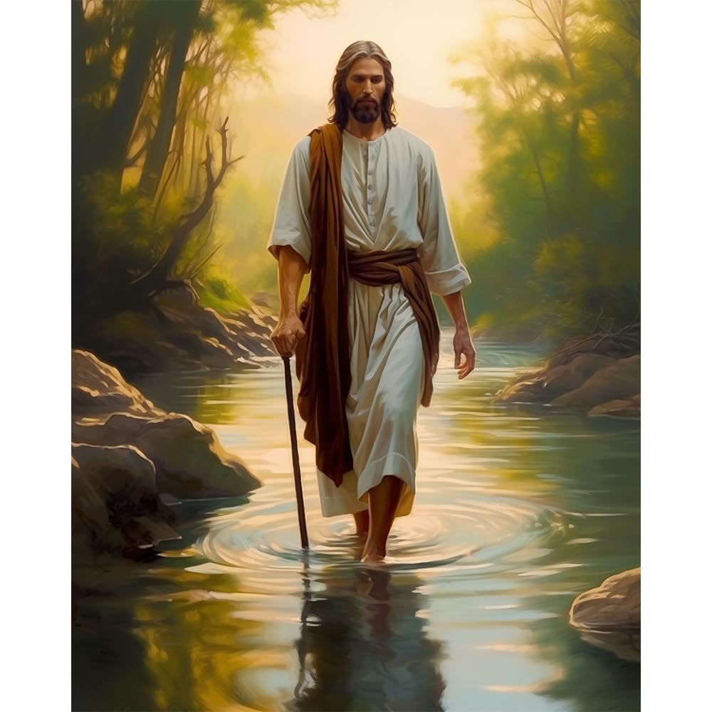 Natuyalo Paint by Numbers Kit for Adults Beginners and Kids, 16" Wx20 L Canvas Pictures Drawing Acrylic Paintwork with 3 Pcs Paintbrushes, Jesus Walking in The Rriver Natuyalo