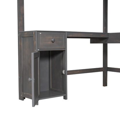 MiHunnor Antique Brown Full Size Loft Bed with U-Shaped Desk and Storage Solutions - WoodArtSupply