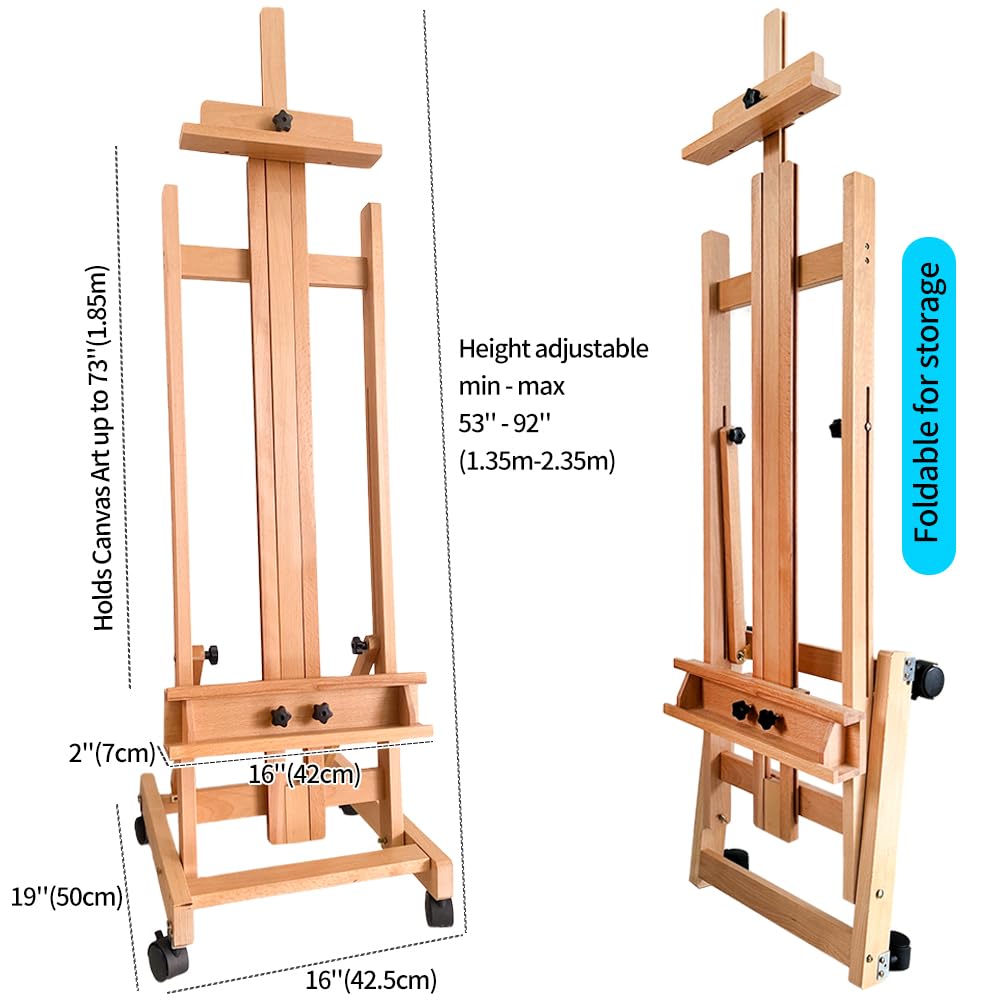 Professional H-Frame Studio Easel, Beech Wood, Height-Adjustable with Wheels, Storage Box, 73-Inch Canvas Capacity (Nature) Generic