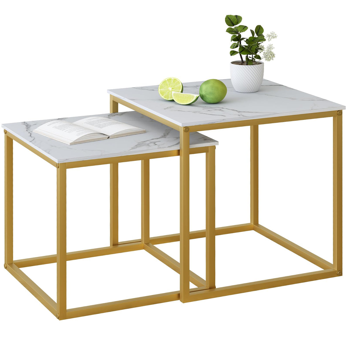 VILAWLENCE Modern Coffee Table Set of 2, Gold Wooden Nesting Side Table, Metal Frame Square End Table, Center Tables for Living Room,Bedroom and Small Spaces VILAWLENCE