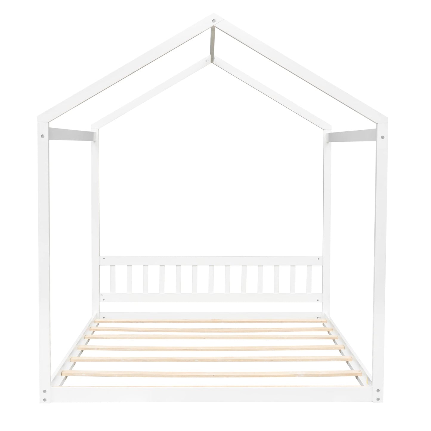 Queen House Bed Wood Montessori Floor Beds for Kids Wood Cabin/Tent/Canopy Bed Frame for Girls Boys Teens Adults, Queen Size, White