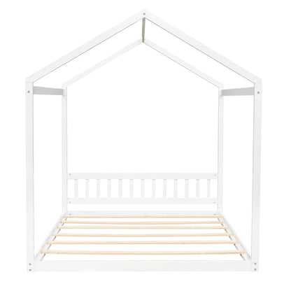 Queen House Bed Wood Montessori Floor Beds for Kids Wood Cabin/Tent/Canopy Bed Frame for Girls Boys Teens Adults, Queen Size, White