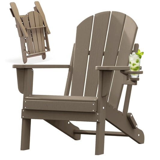 Folding Adirondack Chair with Cup Holder, Poly Lumber Patio Chairs, Wood Texture, Pre-Assembled Weather Resistant Outdoor Chairs for Pool, Deck, Backyard, Garden, Fire Pit Seating, Weathered Wood