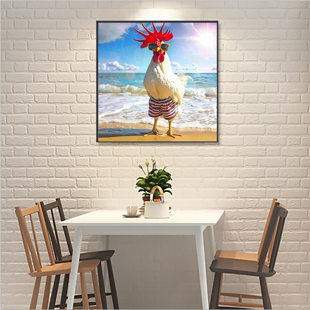 MaiYiYi Cock Diamond Painting by Numbers, 5D Full Round Drill Beach Chicken Diamond Painting Cross Stitch Kit, Funny Chicken Diamond Painting Set for Adult Beginners Wall Art Decor (30X30 CM) MaiYiYi